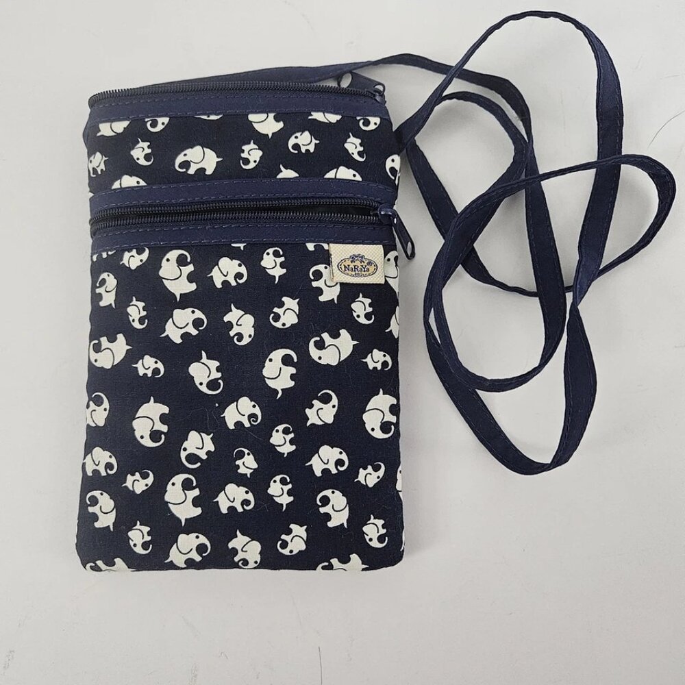 NaRaYa BOHO White Elephant Navy Blue Crossbody Purse With 2 Zippers SO CUTE!